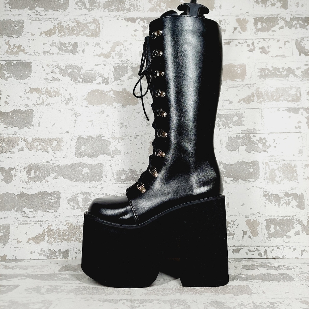 New Gdgydh Y2K Side Zipper Platform Boots Knee High Motorcycle Black Boots F158